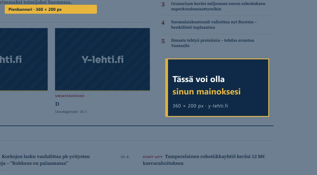 Pienbanneri Y-lehti.fi:n etusivulla, mainospaikka korostettuna