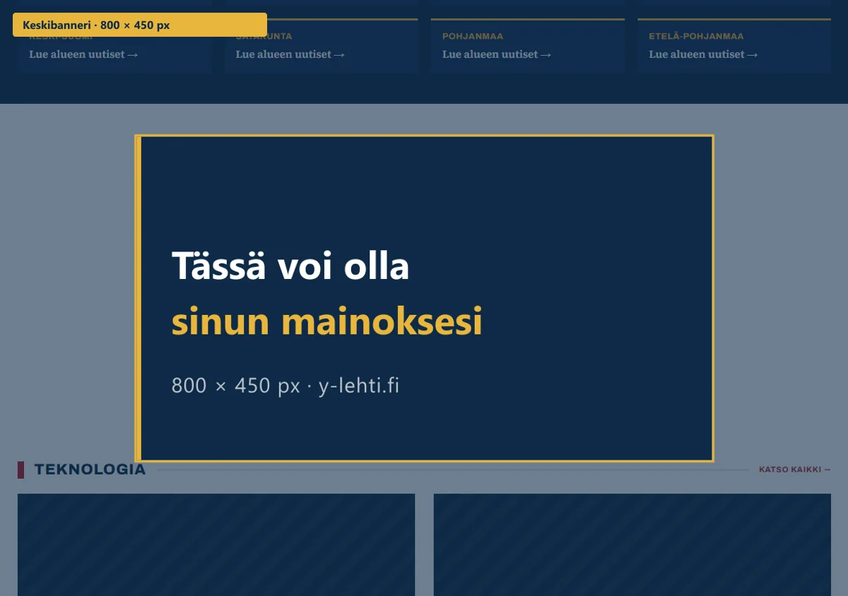 Keskibanneri Y-lehti.fi:n etusivulla, mainospaikka korostettuna