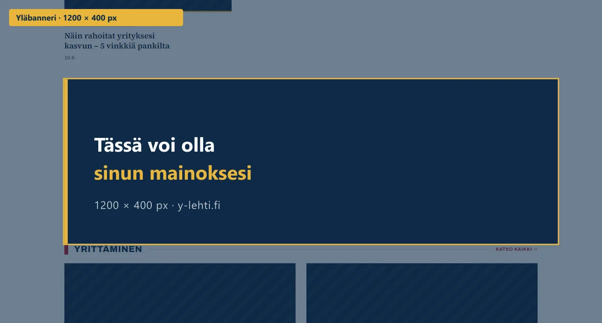 Yläbanneri Y-lehti.fi:n etusivulla, mainospaikka korostettuna